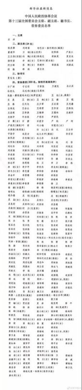 十三届全国政协主席、副主席、秘书长、常务委员名单